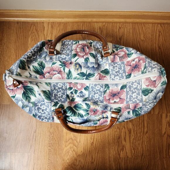 Gitano Floral Tapestry Weekender Duffle Bag With Leather Straps 90's Vintage - Picture 6 of 11